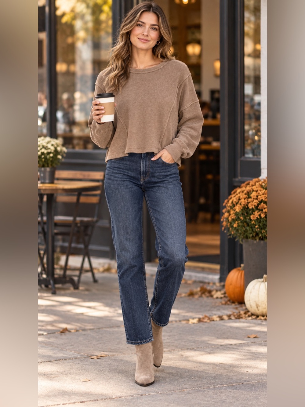 Lush Taupe Crewneck Sweatshirt - Boxy Relaxed Pullover